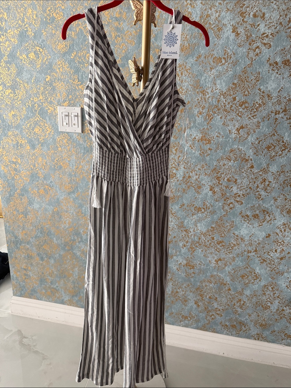 Blue Island Women’s Gray & White Striped Sleeveless Jumpsuit Dress
